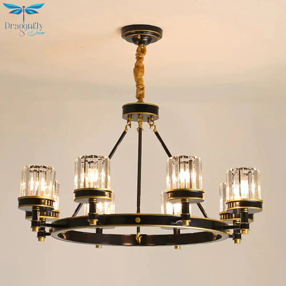 Modernist Cylinder Ceiling Chandelier Clear Crystal 5/6/8 Bulbs Living Room Pendant Lamp In Black