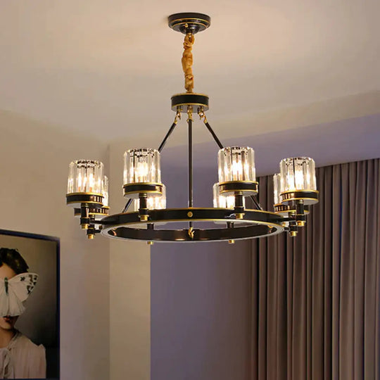 Modernist Cylinder Ceiling Chandelier Clear Crystal 5/6/8 Bulbs Living Room Pendant Lamp In Black 8