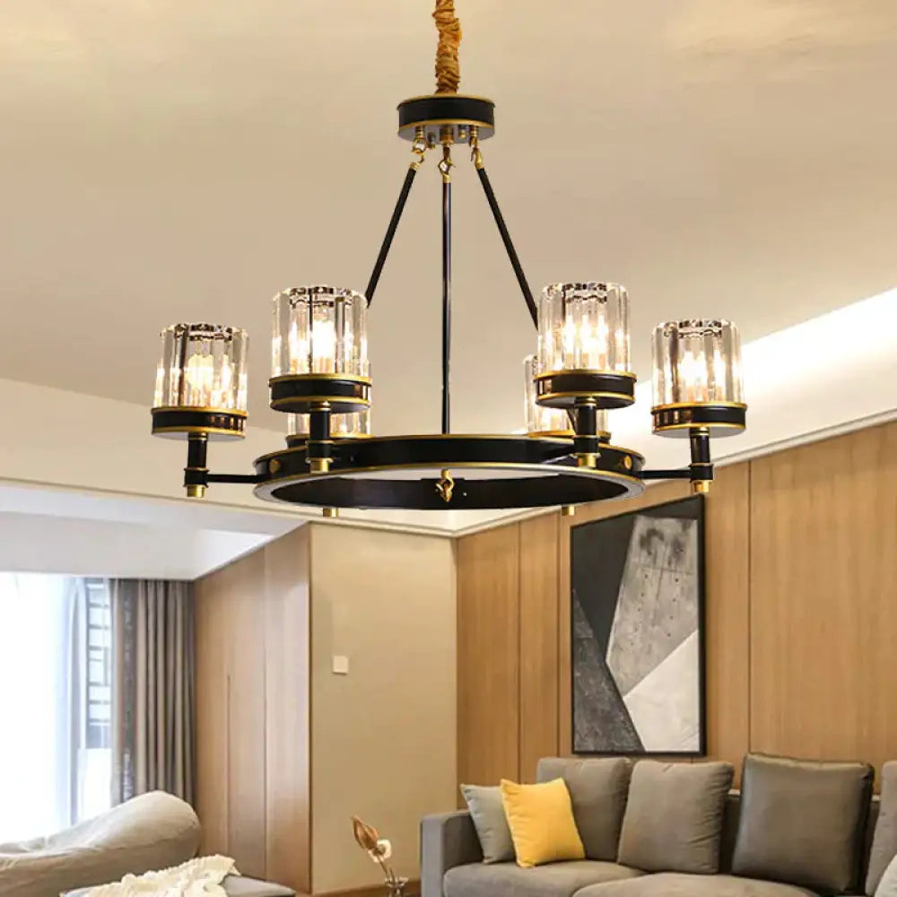Modernist Cylinder Ceiling Chandelier Clear Crystal 5/6/8 Bulbs Living Room Pendant Lamp In Black 6