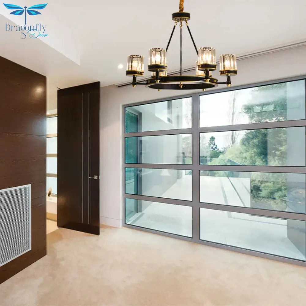 Modernist Cylinder Ceiling Chandelier Clear Crystal 5/6/8 Bulbs Living Room Pendant Lamp In Black