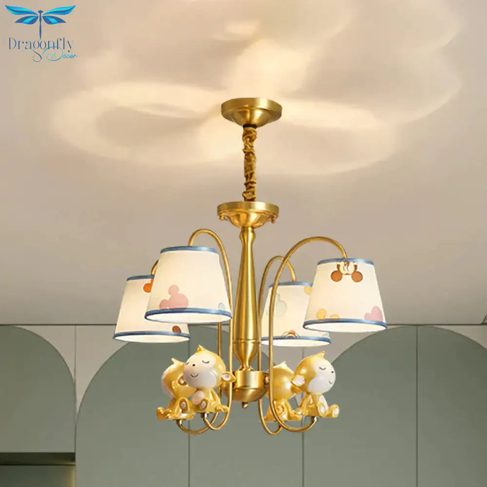 Monkey Bedroom Pendant Chandelier Metal 4 Bulbs Cartoon Suspension Light With Blue Fabric Shade In