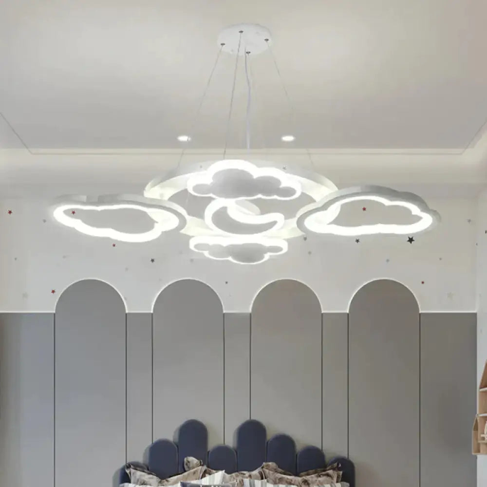 Moon And Cloud Bedroom Chandelier Lamp Acrylic Led Cartoon Hanging Light Kit In White