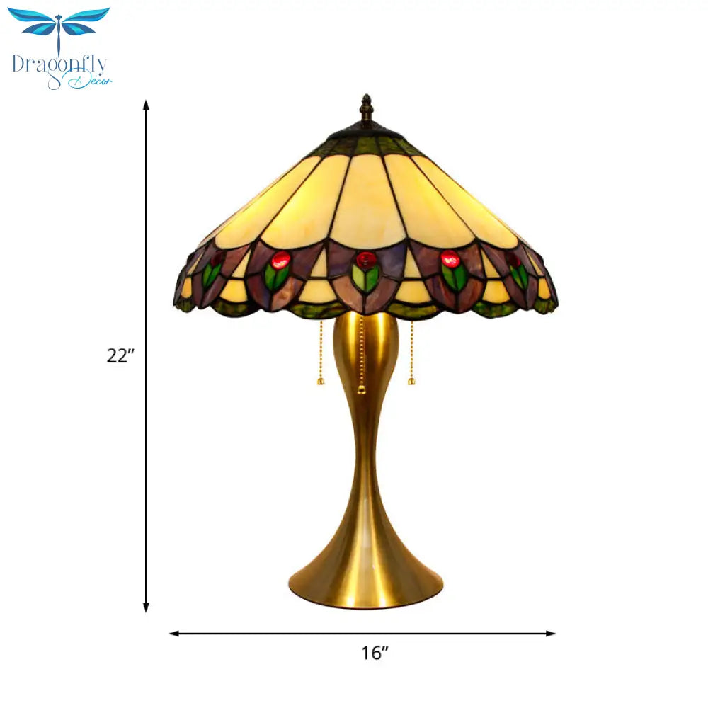 Mothallah - Gold Conic Nightstand Light 3 - Head Stained Glass Tiffany Peacock Tail Patterned Table