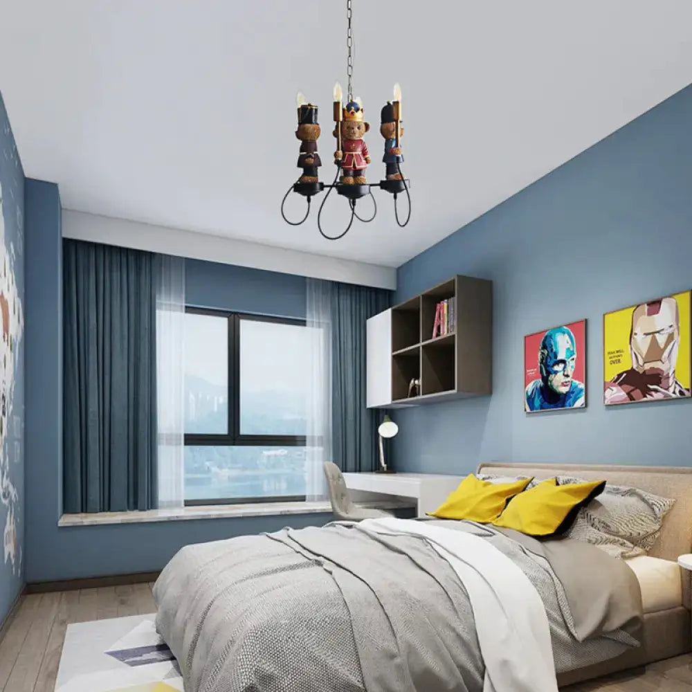 Multi - Colored Toy Bear Chandelier 4 Lights Kids Metal Hanging Lamp For Child Bedroom