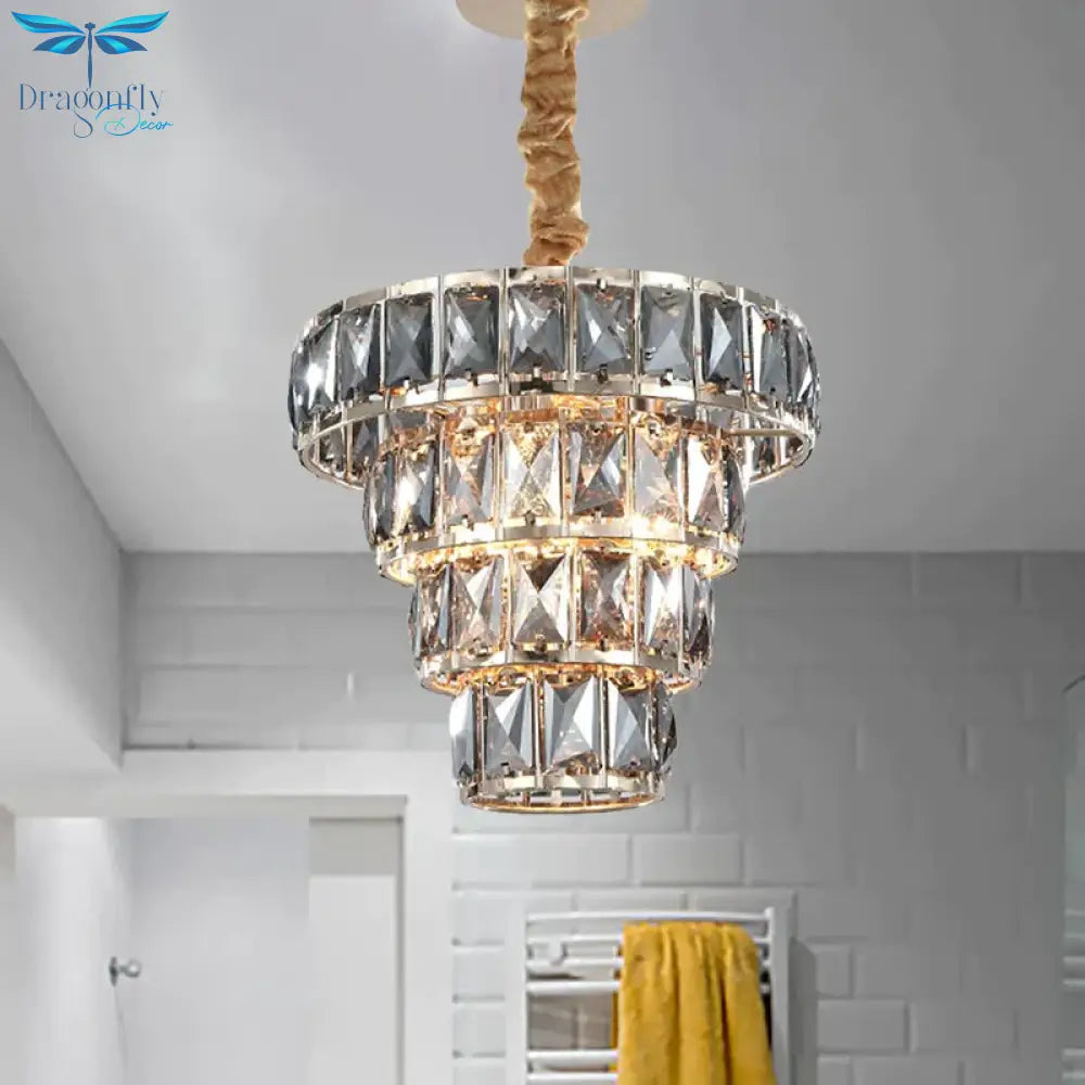 Multi Layer Hanging Light Vintage Crystal 3/5 Lights Pendant Fixture In Chrome For Dining Room