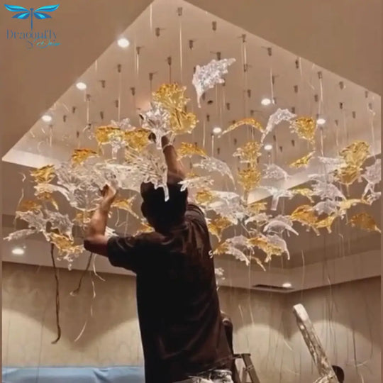 Murano Glass Maple Leaf Chandelier Lamps Art High Ceiling Light Large Lobby Hotel Restaurant
