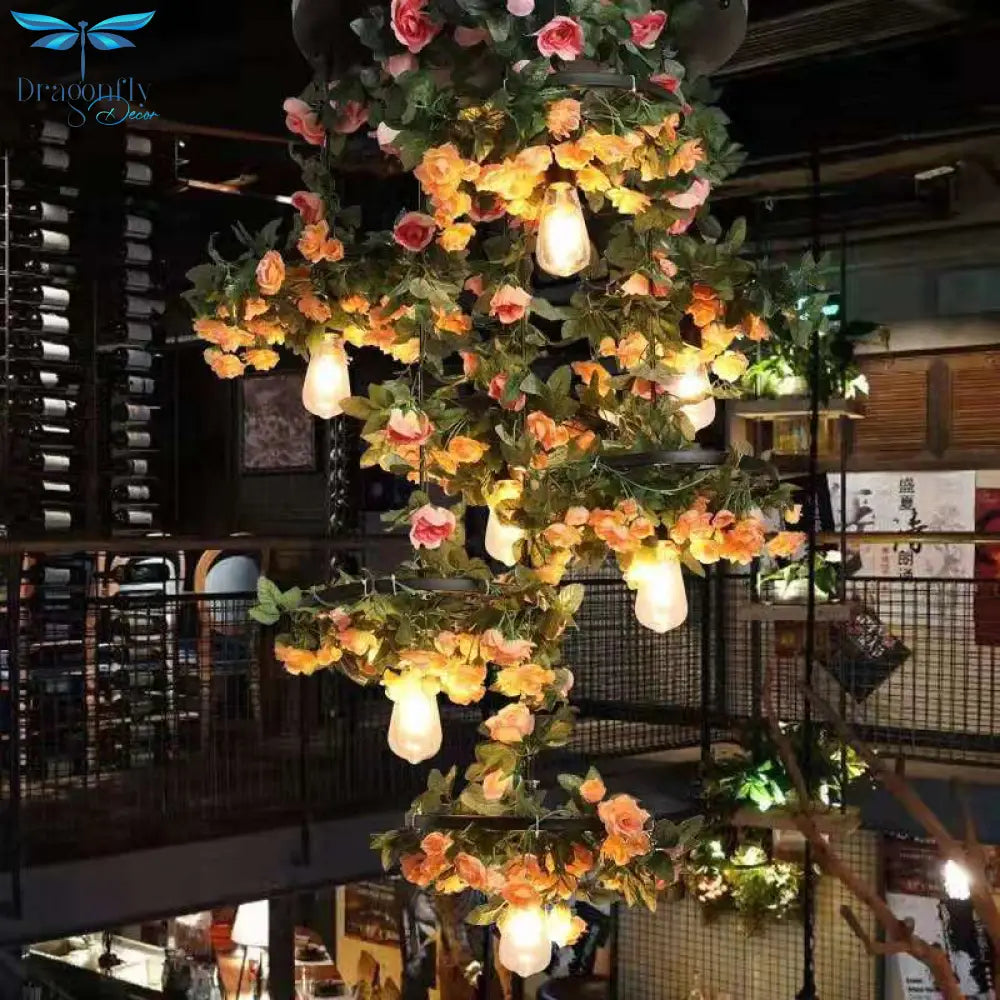 Music Restaurant Bar Atmosphere Flower Chandelier Front Green Plant Wheel Pendant Light Shop Art
