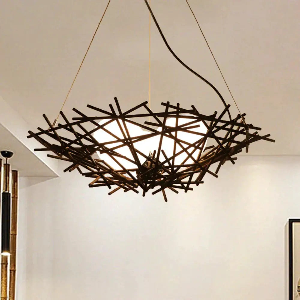Nest Chandelier Lighting Japanese Bamboo 18’/22’ Wide 3 Bulbs Coffee Ceiling Suspension Lamp / 18’