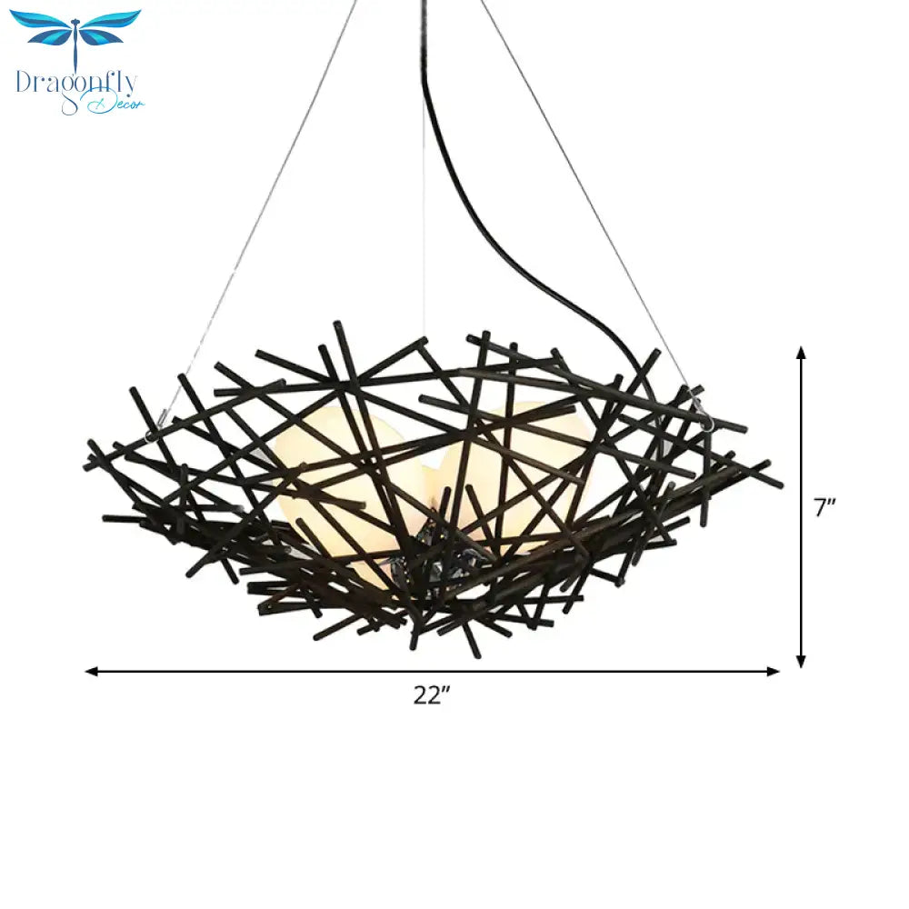 Nest Chandelier Lighting Japanese Bamboo 18’/22’ Wide 3 Bulbs Coffee Ceiling Suspension Lamp