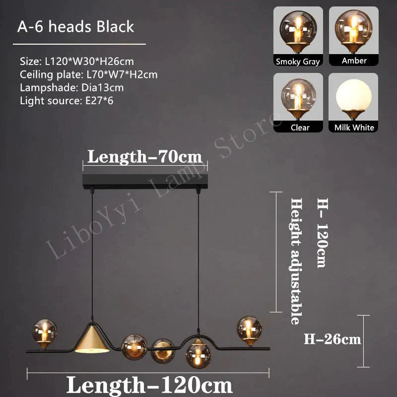 Nevaeh - Nordic Style Black Glass Bulb Led Pendant Light 6 Heads / Smoky Gray Warm Light No Remote