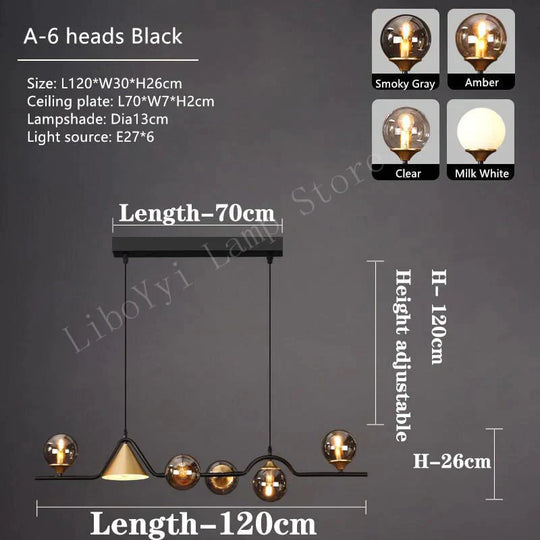 Nevaeh - Nordic Style Black Glass Bulb Led Pendant Light 6 Heads / Smoky Gray Warm Light No Remote