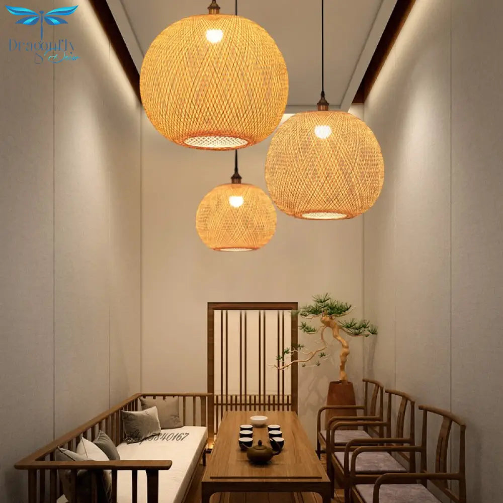 New Round Ball Bamboo Pendant Lights Vintage Kitchen Light Fixtures Minimalist Home Lighting Dining