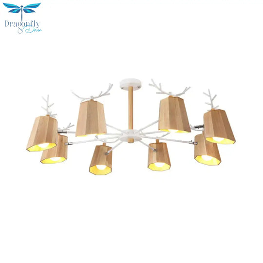 Nordic Beveled Hanging Light Wood 3/8 Heads Dining Room Chandelier Fixture In Beige