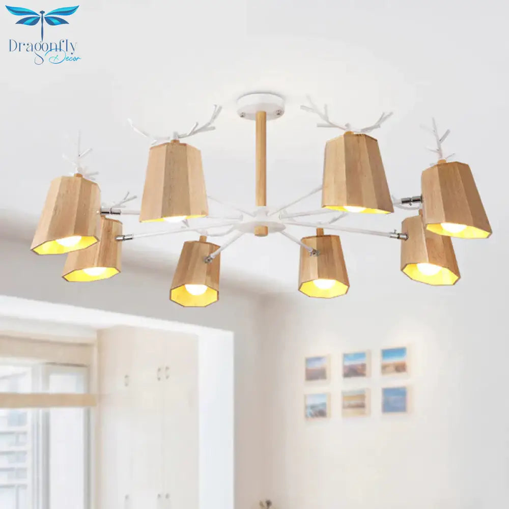 Nordic Beveled Hanging Light Wood 3/8 Heads Dining Room Chandelier Fixture In Beige