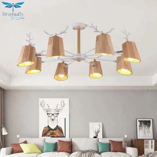 Nordic Beveled Hanging Light Wood 3/8 Heads Dining Room Chandelier Fixture In Beige