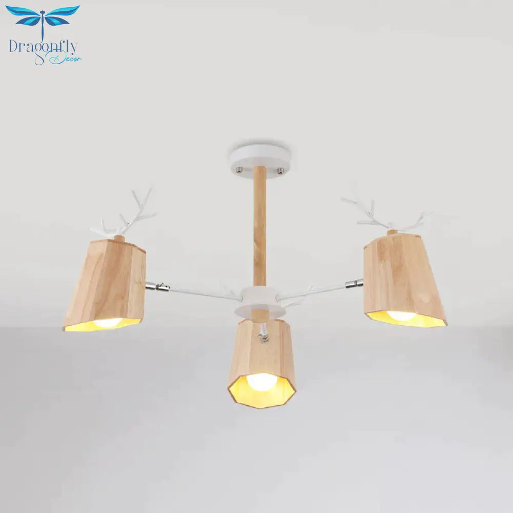Nordic Beveled Hanging Light Wood 3/8 Heads Dining Room Chandelier Fixture In Beige