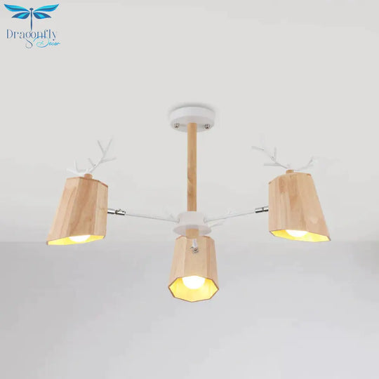 Nordic Beveled Hanging Light Wood 3/8 Heads Dining Room Chandelier Fixture In Beige