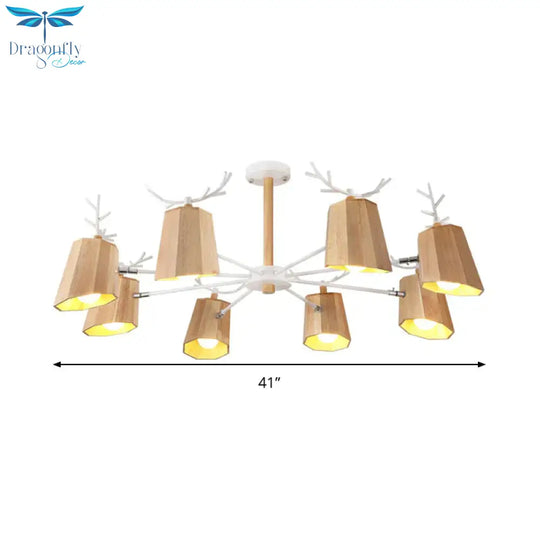 Nordic Beveled Hanging Light Wood 3/8 Heads Dining Room Chandelier Fixture In Beige