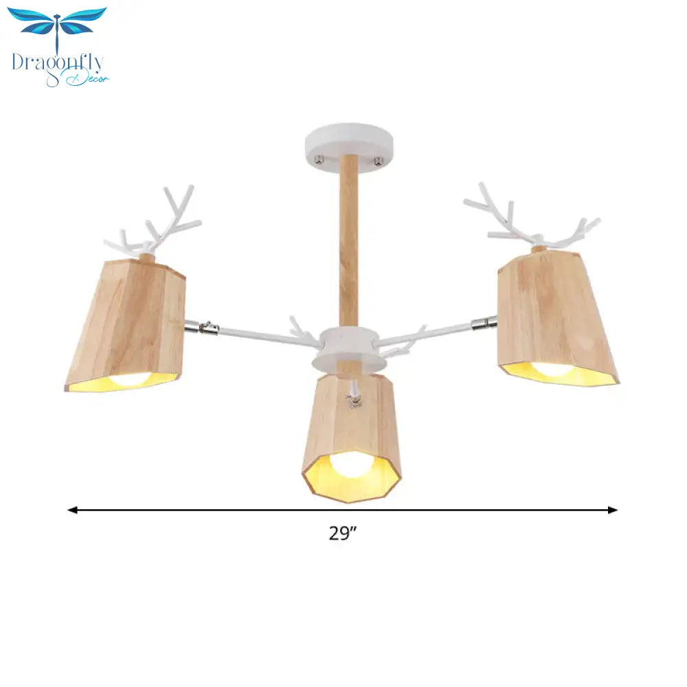 Nordic Beveled Hanging Light Wood 3/8 Heads Dining Room Chandelier Fixture In Beige