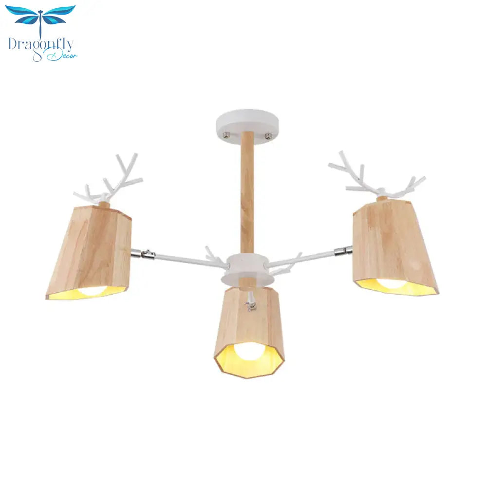 Nordic Beveled Hanging Light Wood 3/8 Heads Dining Room Chandelier Fixture In Beige