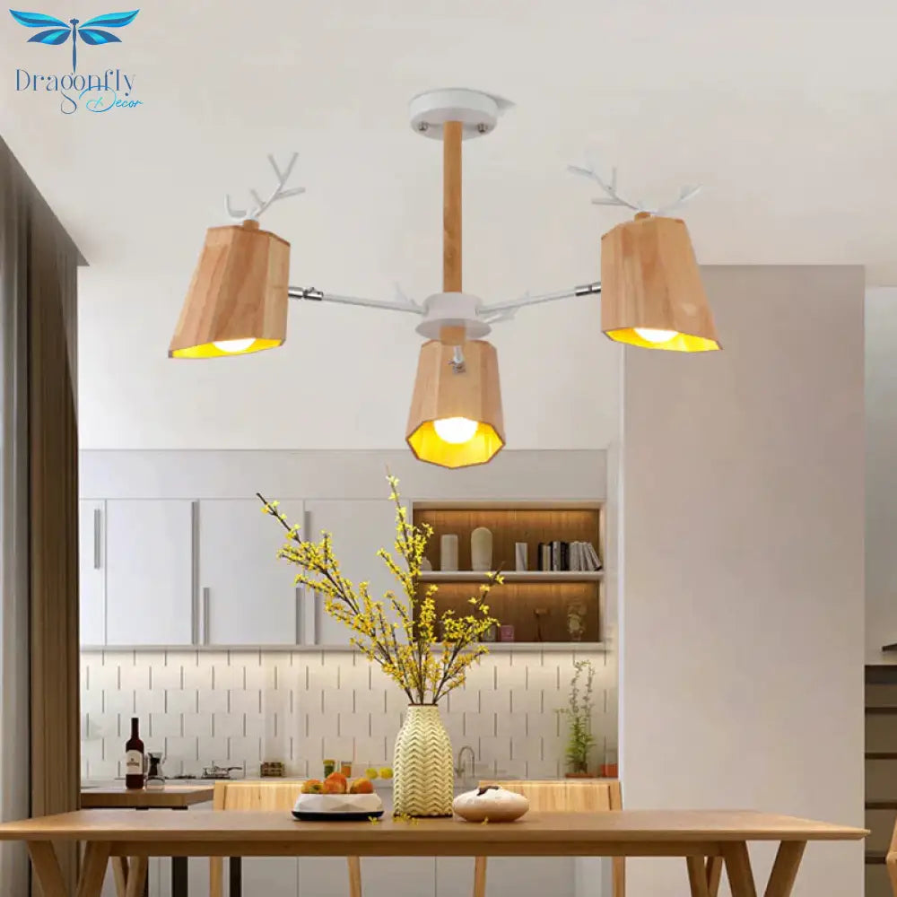 Nordic Beveled Hanging Light Wood 3/8 Heads Dining Room Chandelier Fixture In Beige