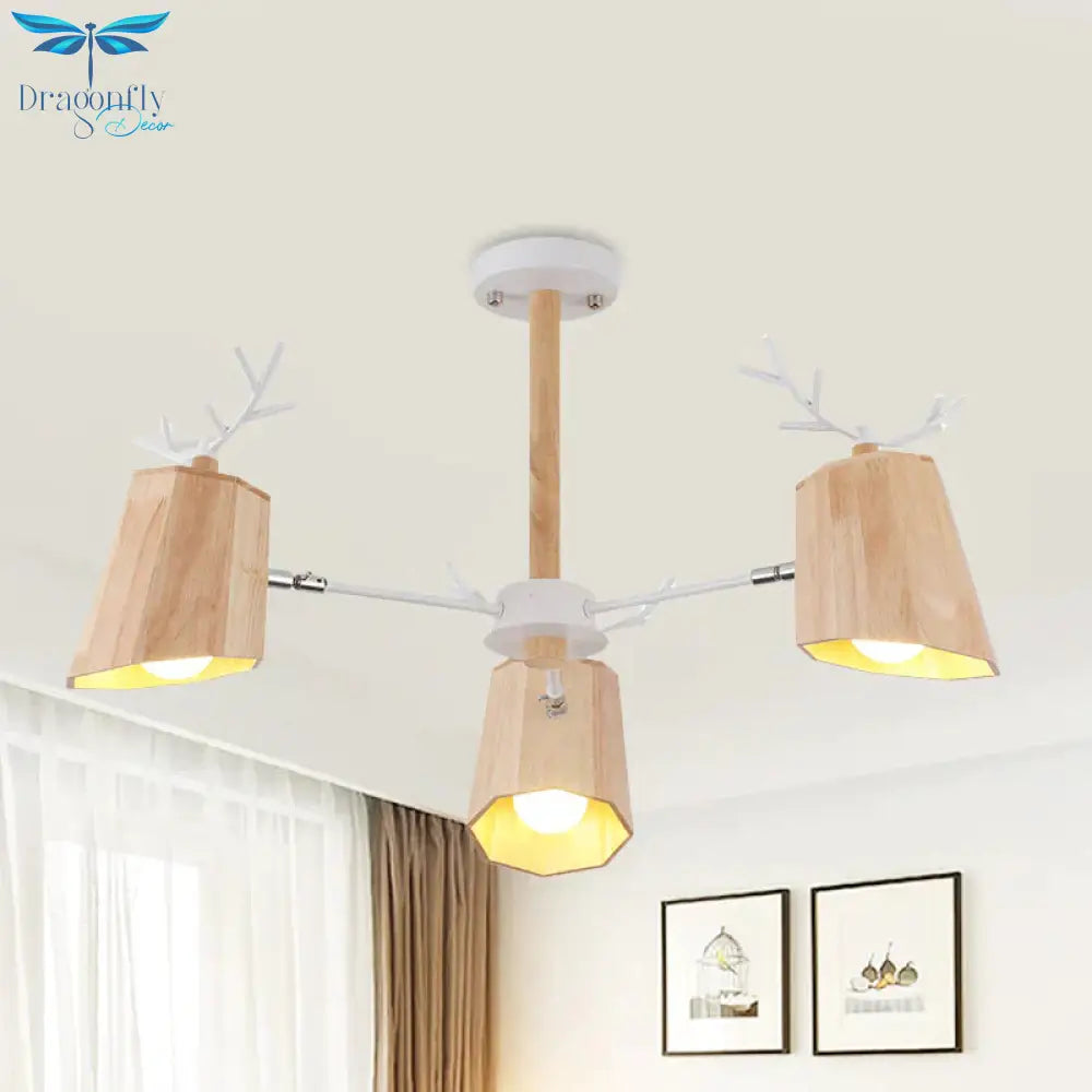 Nordic Beveled Hanging Light Wood 3/8 Heads Dining Room Chandelier Fixture In Beige