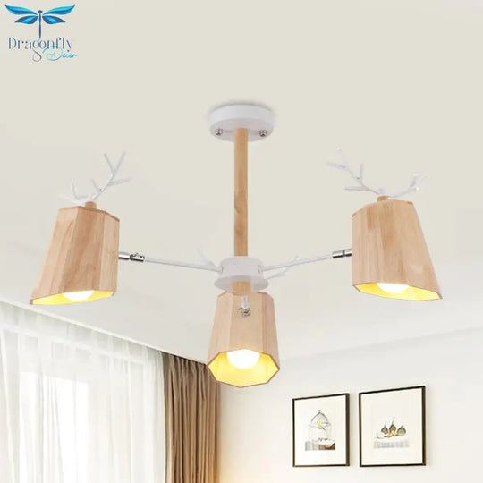 Nordic Beveled Hanging Light Wood 3/8 Heads Dining Room Chandelier Fixture In Beige