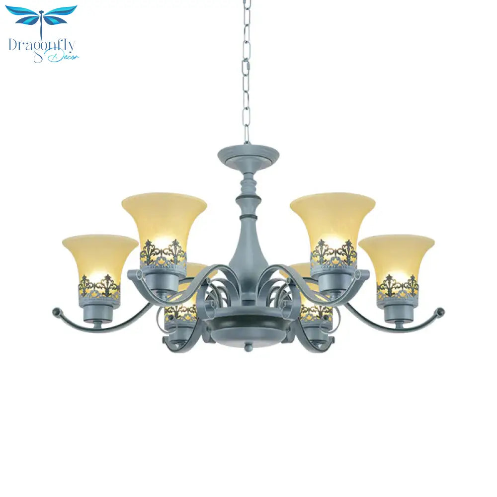 Nordic Flared Chandelier Lighting Amber Glass 6 - Light Living Room Hanging Ceiling Lamp With Curvy