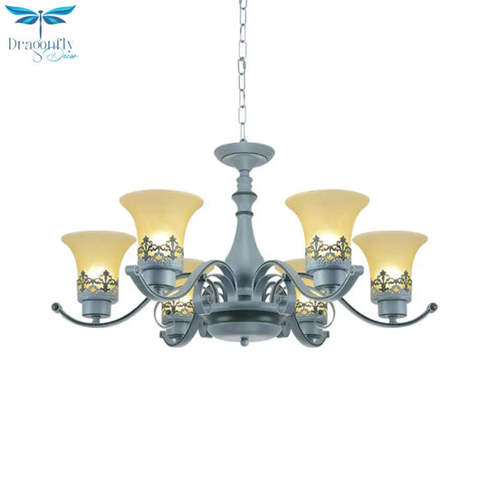 Nordic Flared Chandelier Lighting Amber Glass 6 - Light Living Room Hanging Ceiling Lamp With Curvy