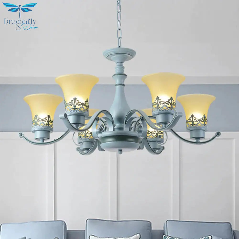 Nordic Flared Chandelier Lighting Amber Glass 6 - Light Living Room Hanging Ceiling Lamp With Curvy