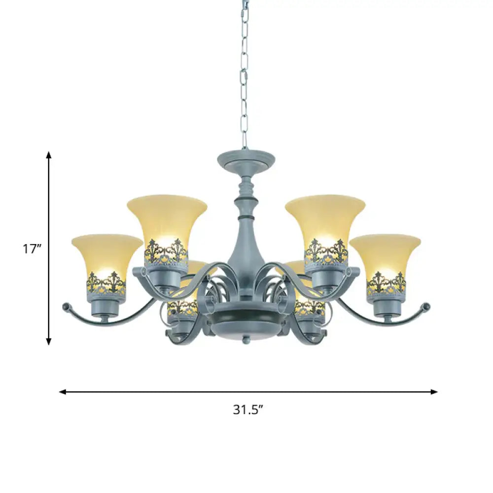 Nordic Flared Chandelier Lighting Amber Glass 6 - Light Living Room Hanging Ceiling Lamp With Curvy