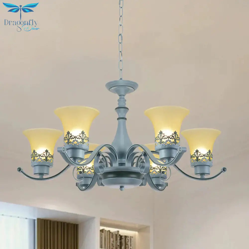 Nordic Flared Chandelier Lighting Amber Glass 6 - Light Living Room Hanging Ceiling Lamp With Curvy