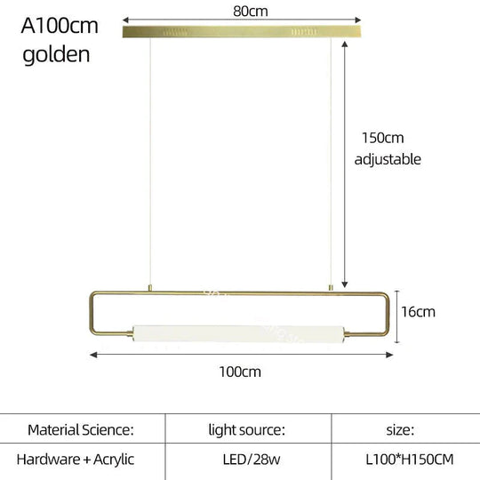 Nordic Minimalist Bar Hanging Rectangular Frame Pendant Light A100Cm Golden / Warm Light Pendant