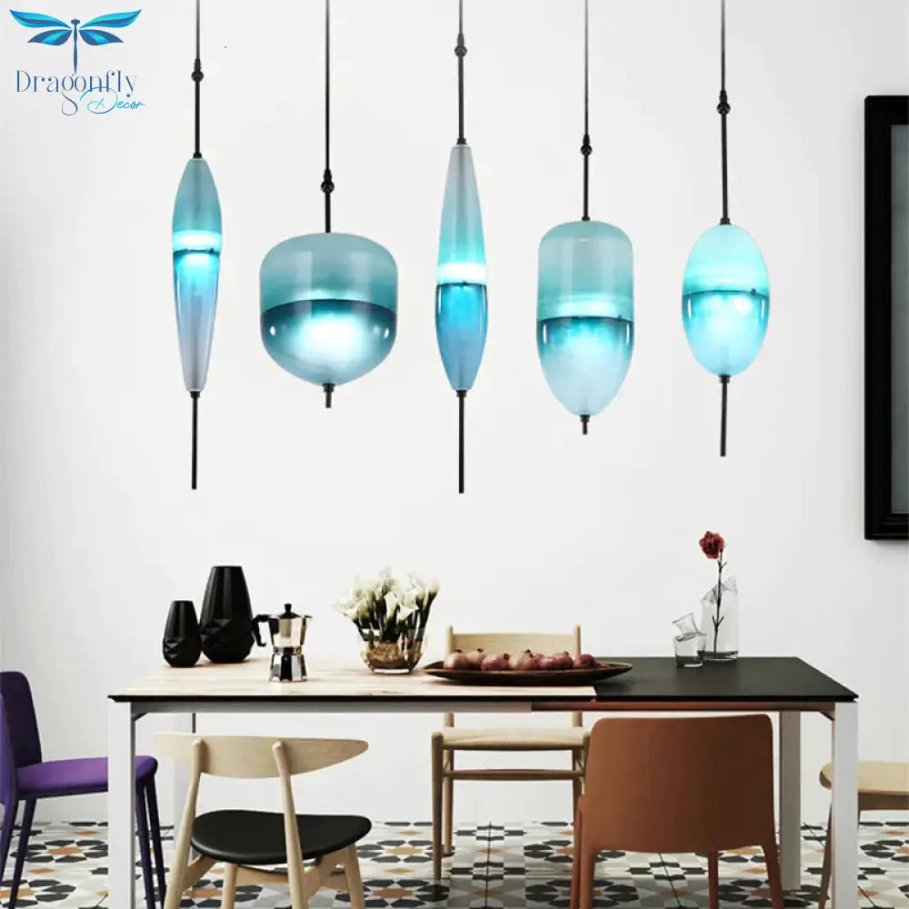 Nordic Modern Teardrop - Shaped Blue Glass Pendant Light Led Art Deco Simple White Hanging Lamp For