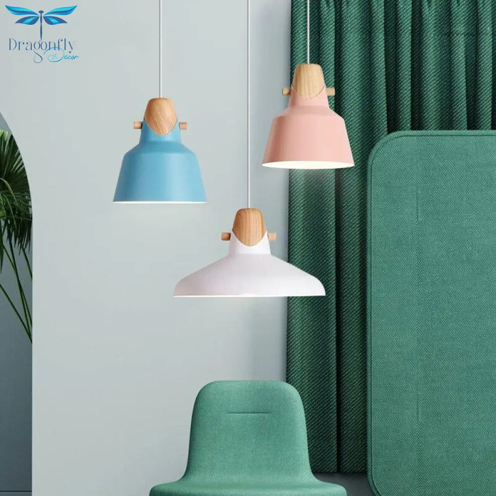 Nordic Pendant Lights Macaron Color Creative Single Head Solid Wood Lamps Aluminum Alloy Lampshade
