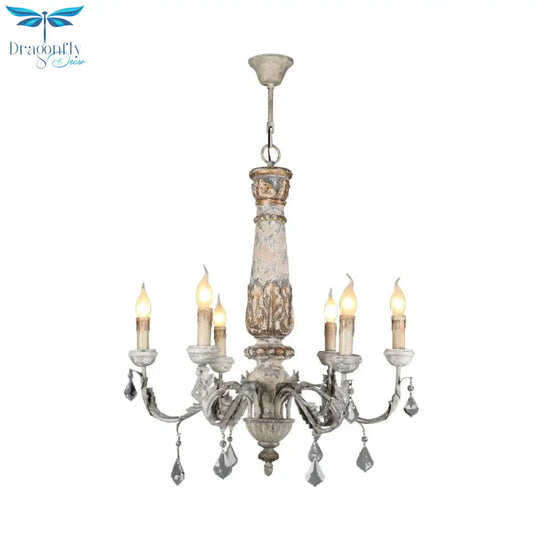 Nordic Starburst Hanging Chandelier Wood 6 Bulbs Suspension Light In Distressed White For Living