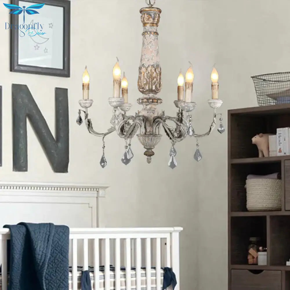 Nordic Starburst Hanging Chandelier Wood 6 Bulbs Suspension Light In Distressed White For Living