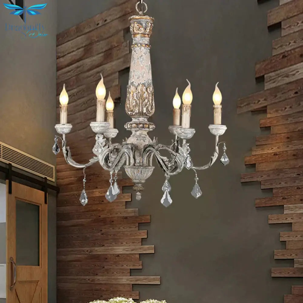 Nordic Starburst Hanging Chandelier Wood 6 Bulbs Suspension Light In Distressed White For Living