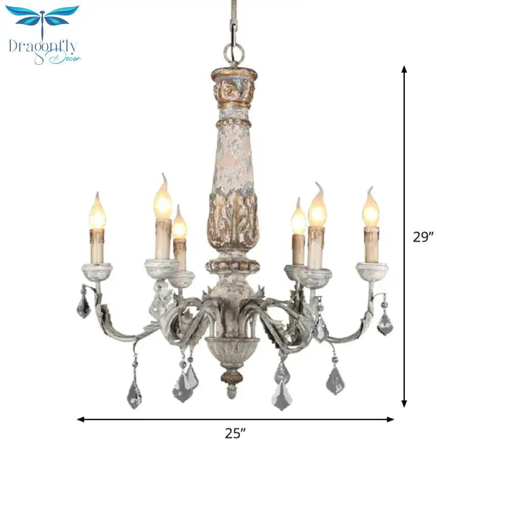 Nordic Starburst Hanging Chandelier Wood 6 Bulbs Suspension Light In Distressed White For Living