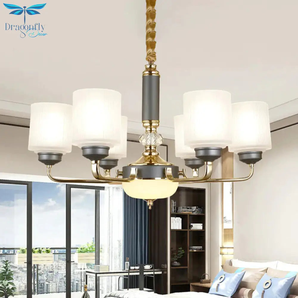 Null 6/8/12 Bulbs Chandelier Light Fixture Rural Cream Glass Cylindrical Pendulum For Bedroom