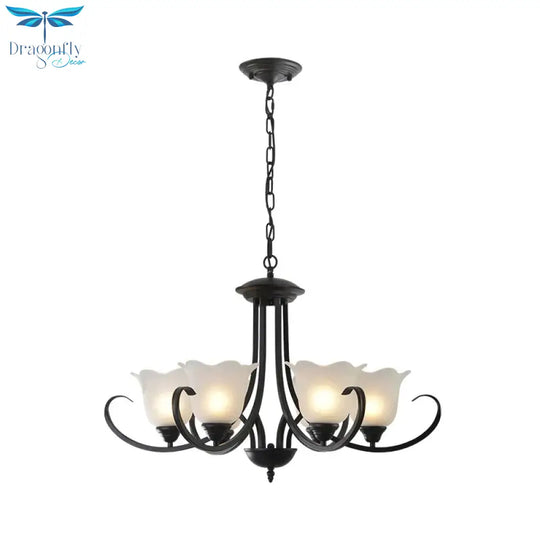 Opal Frosted Glass Black Chandelier Floral 3/8/9 - Light Farmhouse Ceiling Pendant Lamp With