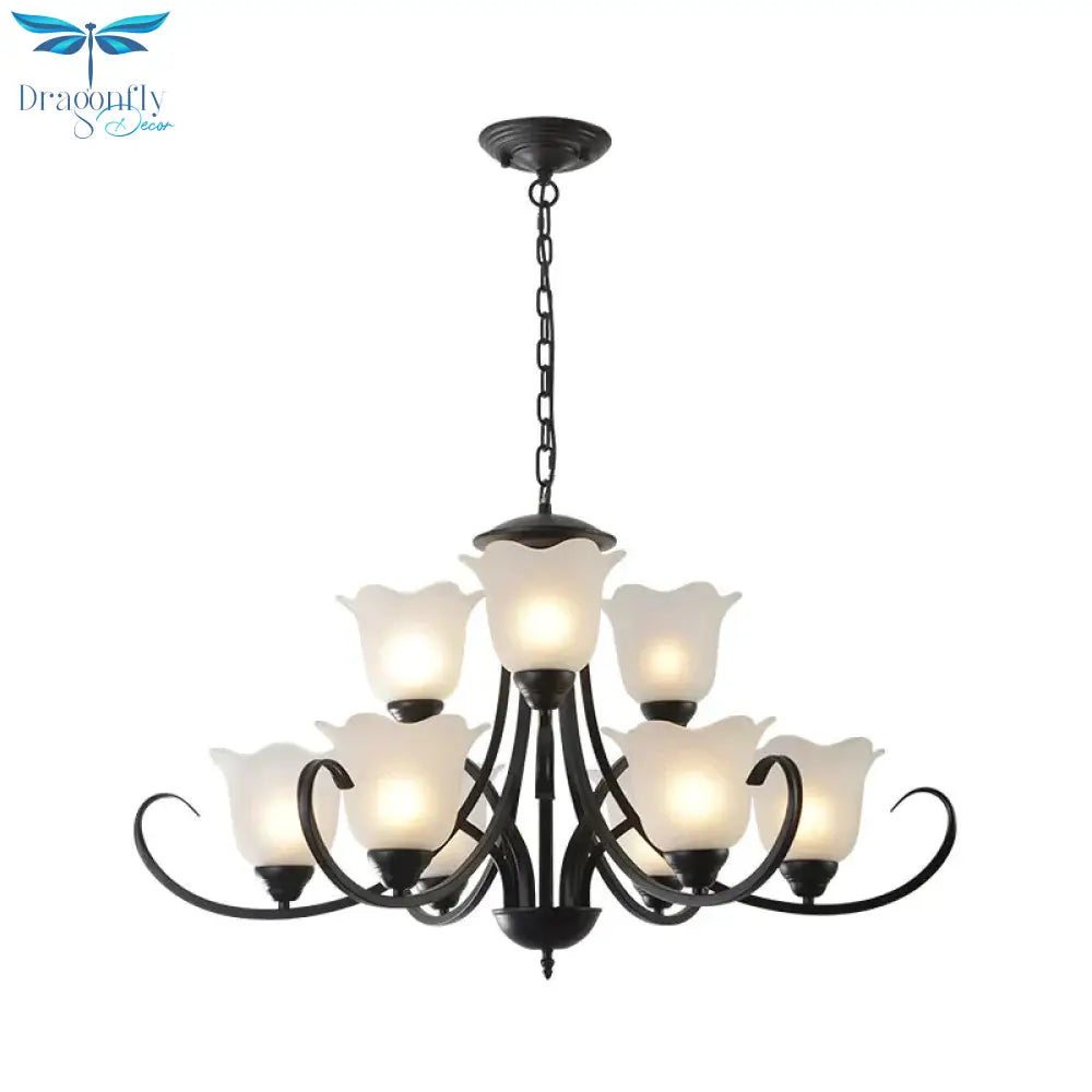 Opal Frosted Glass Black Chandelier Floral 3/8/9 - Light Farmhouse Ceiling Pendant Lamp With