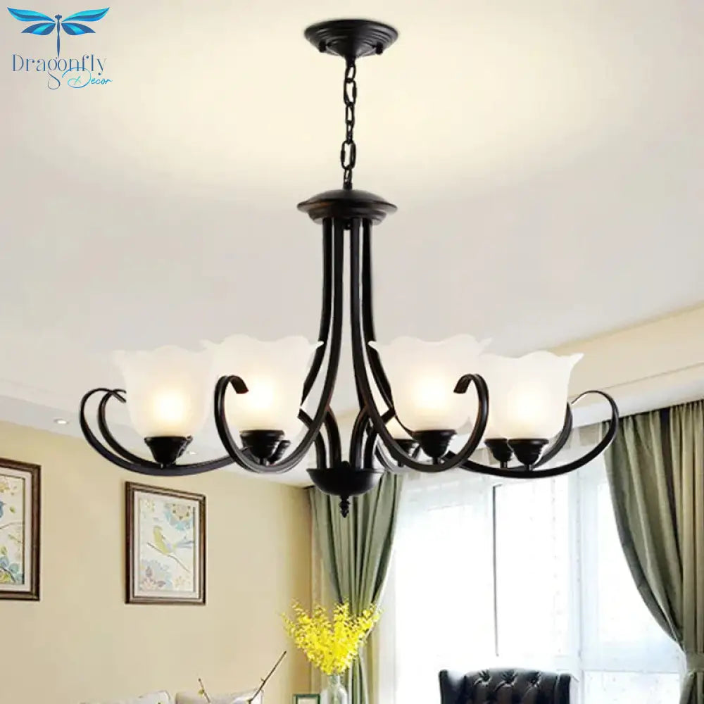 Opal Frosted Glass Black Chandelier Floral 3/8/9 - Light Farmhouse Ceiling Pendant Lamp With