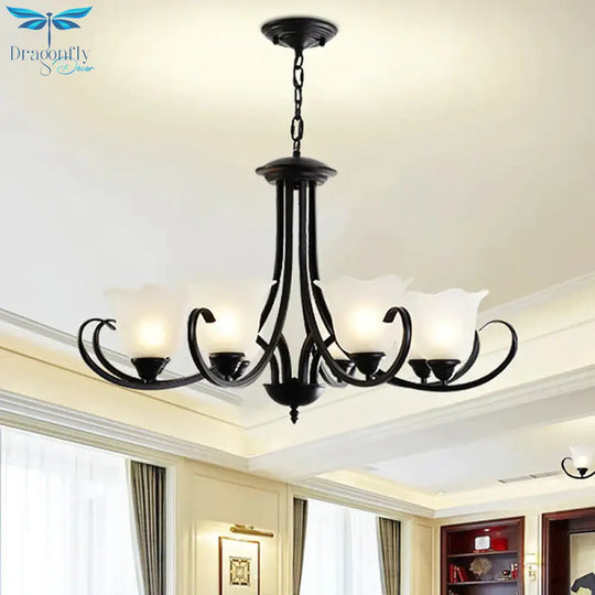 Opal Frosted Glass Black Chandelier Floral 3/8/9 - Light Farmhouse Ceiling Pendant Lamp With