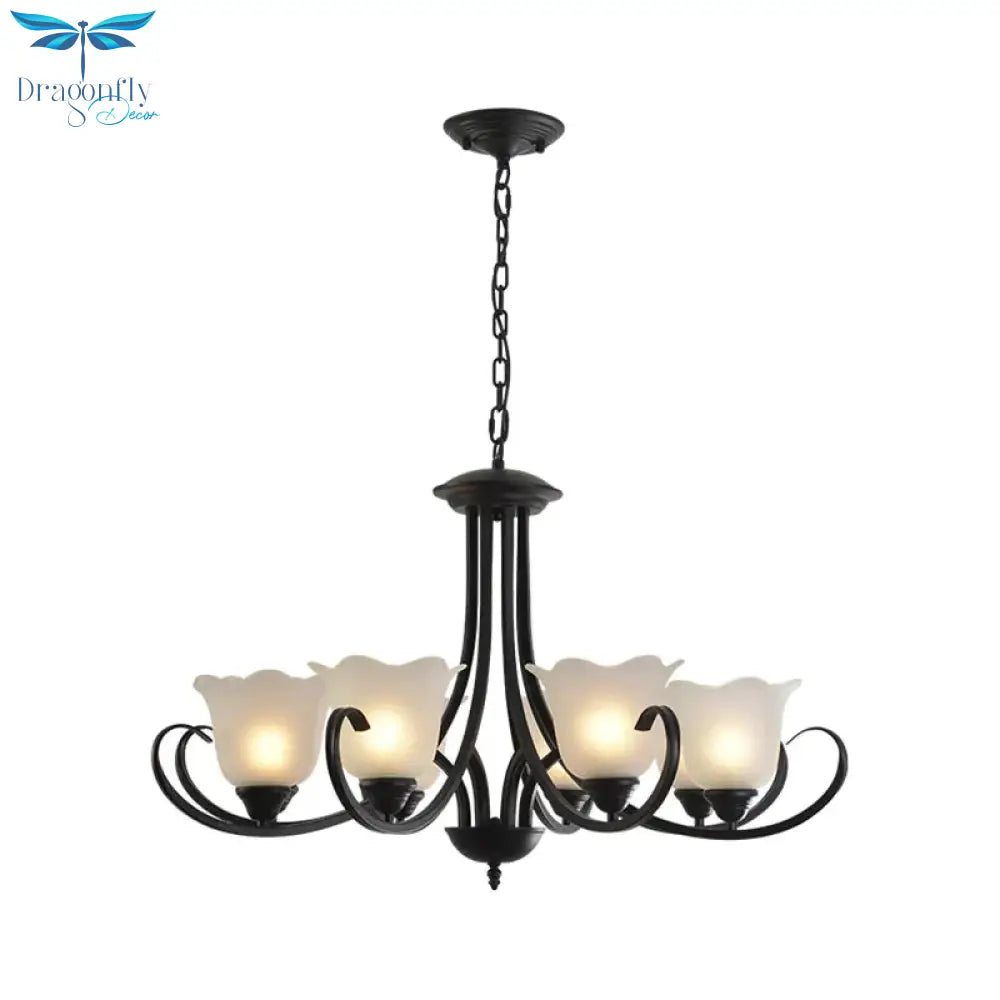 Opal Frosted Glass Black Chandelier Floral 3/8/9 - Light Farmhouse Ceiling Pendant Lamp With
