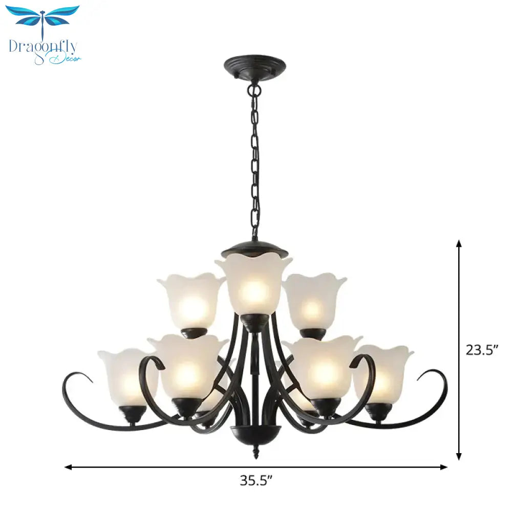 Opal Frosted Glass Black Chandelier Floral 3/8/9 - Light Farmhouse Ceiling Pendant Lamp With
