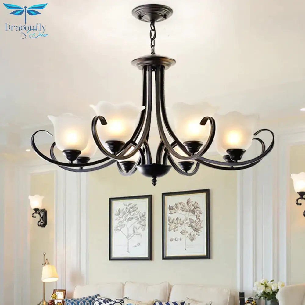 Opal Frosted Glass Black Chandelier Floral 3/8/9 - Light Farmhouse Ceiling Pendant Lamp With