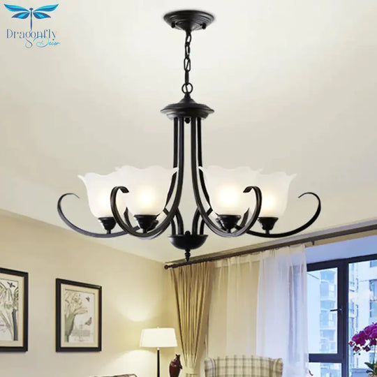 Opal Frosted Glass Black Chandelier Floral 3/8/9 - Light Farmhouse Ceiling Pendant Lamp With