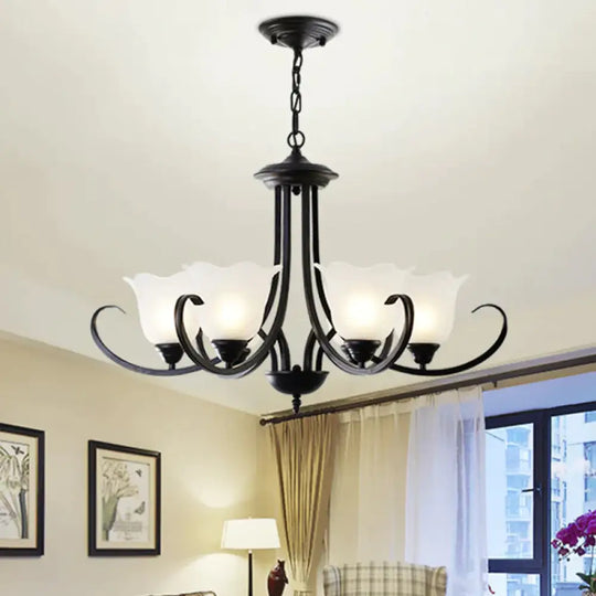 Opal Frosted Glass Black Chandelier Floral 3/8/9 - Light Farmhouse Ceiling Pendant Lamp With