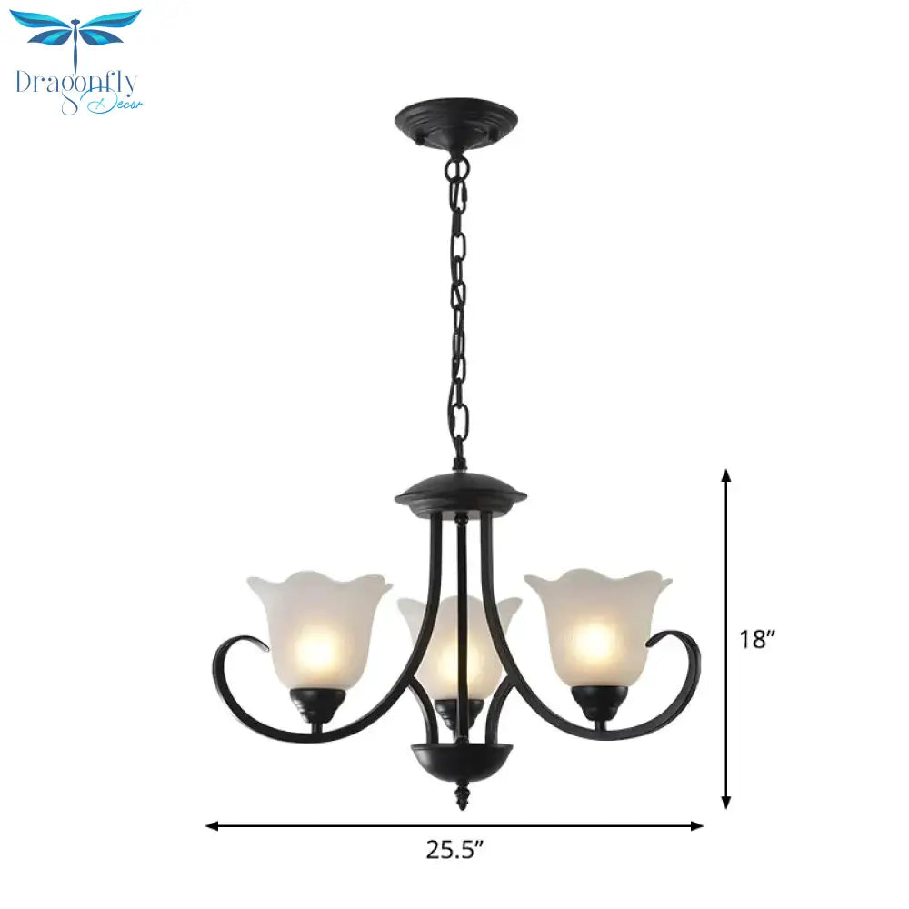 Opal Frosted Glass Black Chandelier Floral 3/8/9 - Light Farmhouse Ceiling Pendant Lamp With